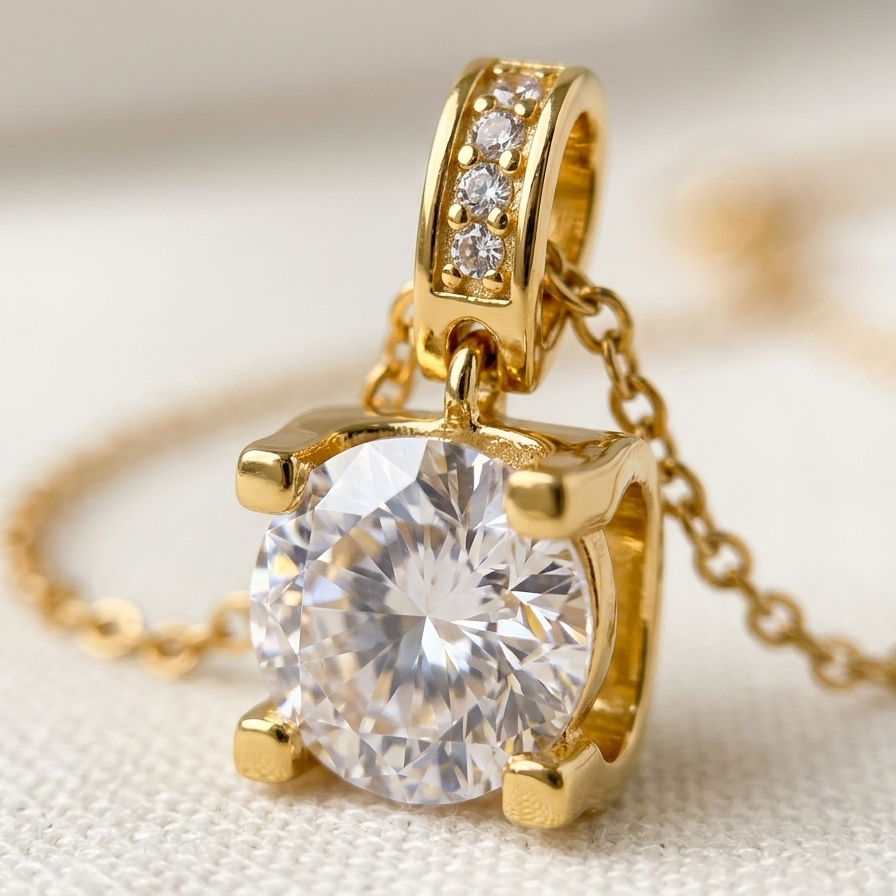A gold solitaire pendant necklace featuring a large round clear gemstone in a prong setting, with a smaller row of clear stones on the bail, resting on a textured cream fabric background.