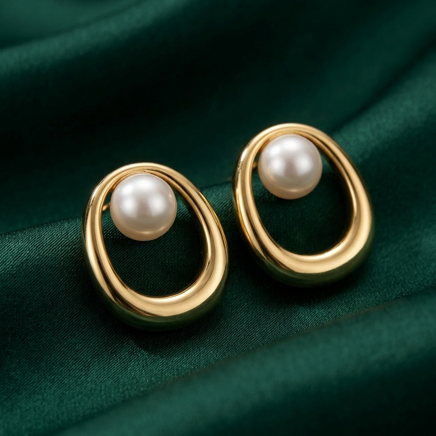 18k gold plated stud earrings featuring an open oval design with a single white pearl resting on a green silk fabric.