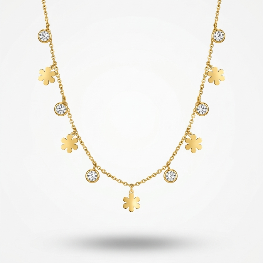 18k gold plated station necklace featuring evenly spaced minimalist daisy charms and bezel-set clear CZ crystals.