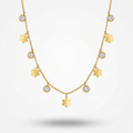 18k gold plated station necklace featuring evenly spaced minimalist daisy charms and bezel-set clear CZ crystals.