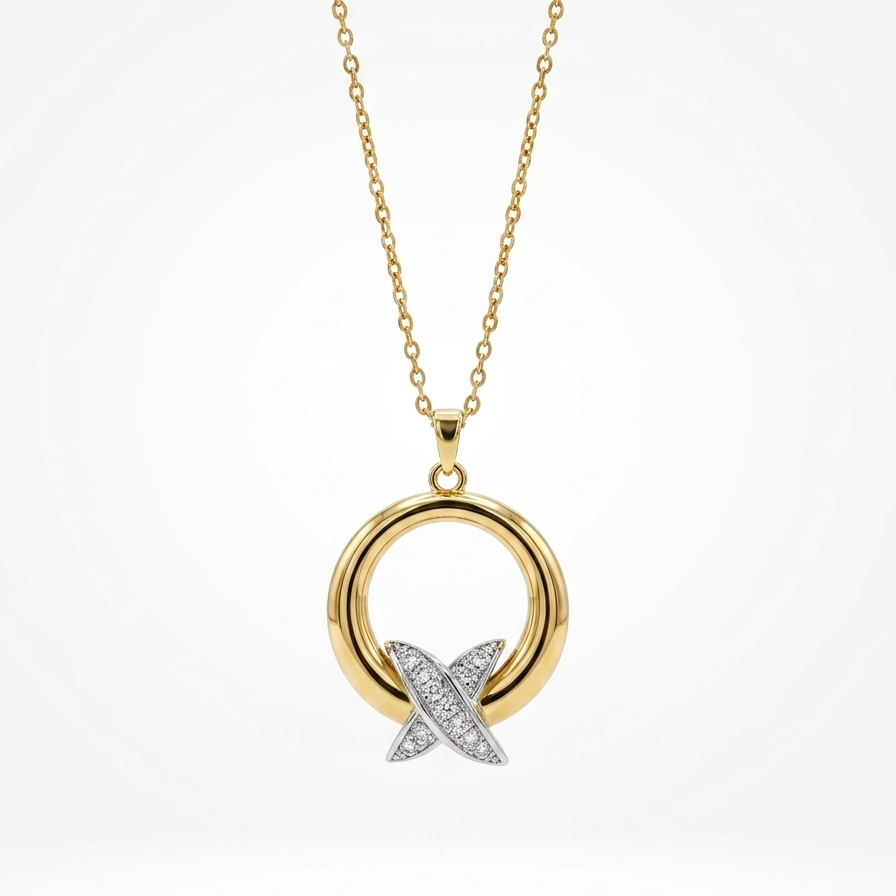 A gold necklace with a circular pendant and a silver-toned butterfly motif set with small clear stones, shown on a clean white background with a soft shadow below.