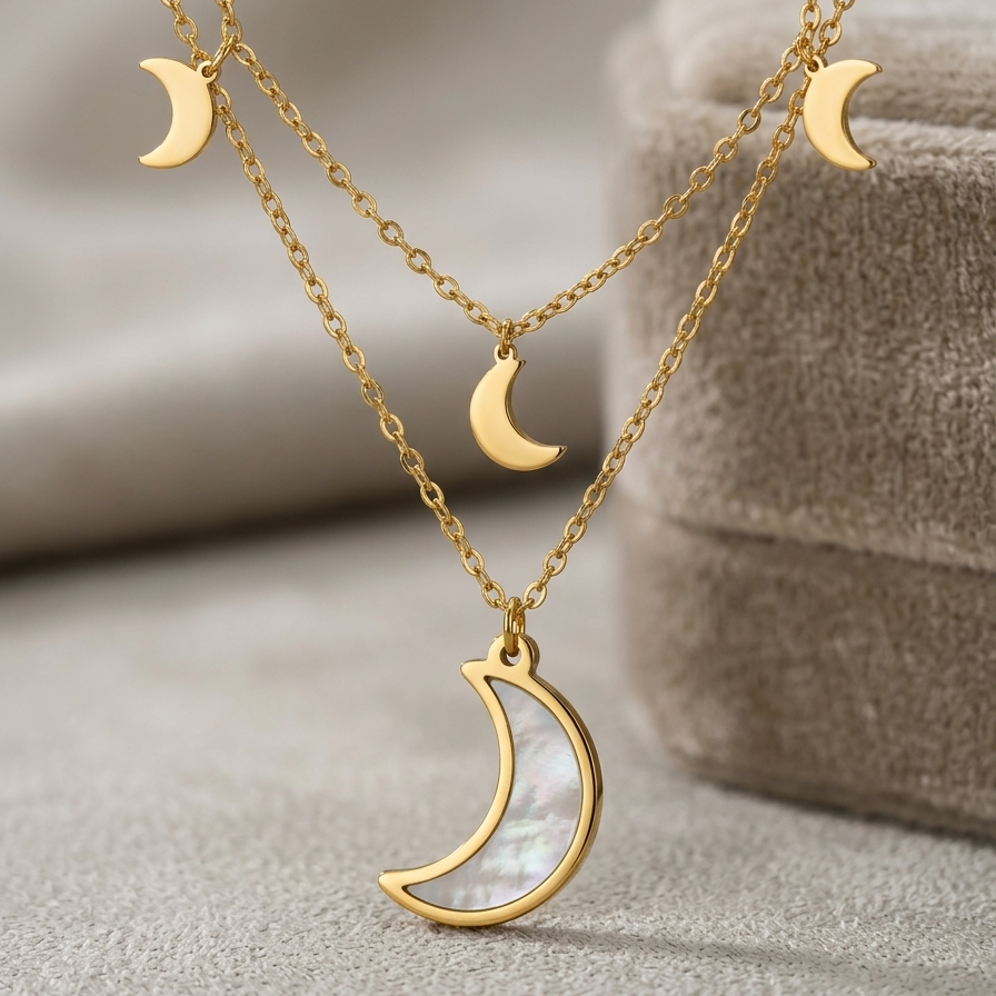 A gold-tone double-layer necklace with three crescent moon pendants, including a larger moon pendant with an iridescent mother-of-pearl inlay, displayed on a textured gray surface.