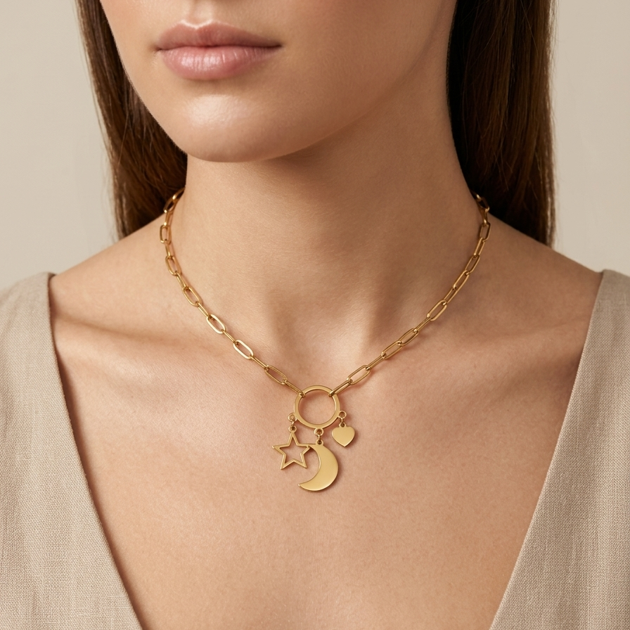 A close-up of a model wearing a gold chain necklace with a ring, crescent moon, and star charm, paired with a beige V-neck top.