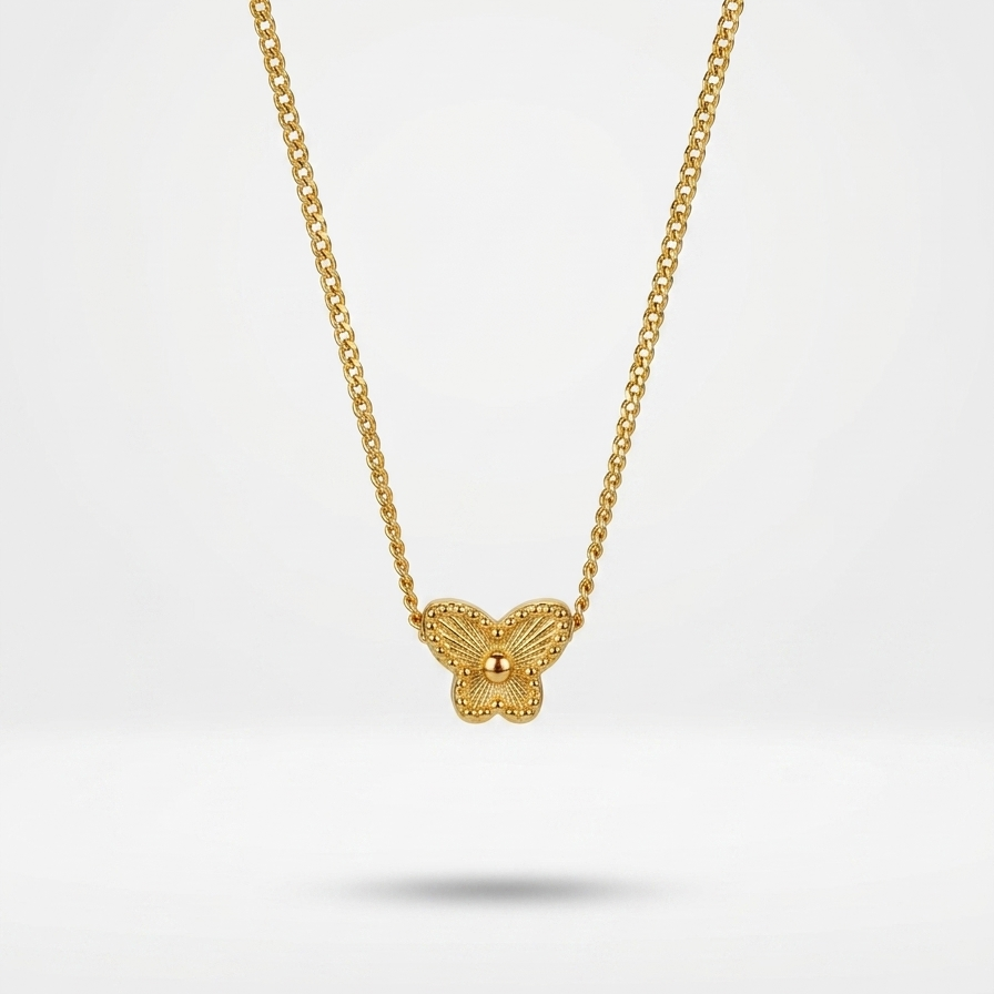 18kt gold plated butterfly necklace on a light gray background.