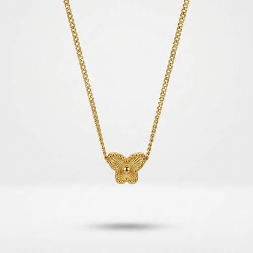 18kt gold plated butterfly necklace on a light gray background.