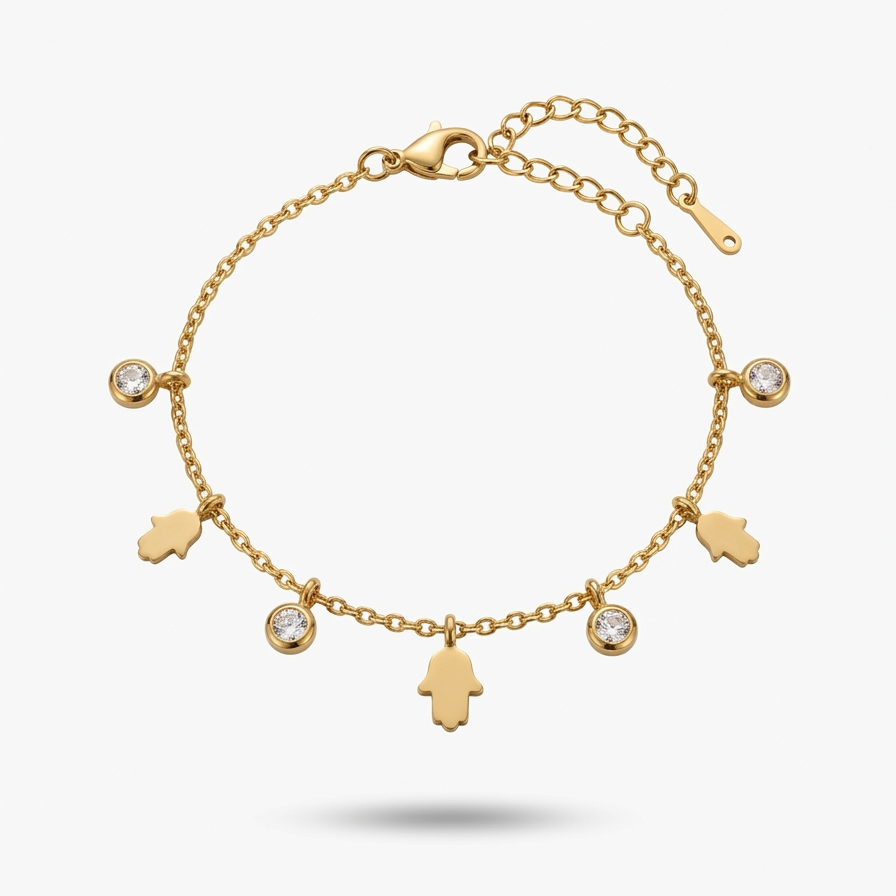 A delicate gold chain bracelet with five Hamsa hand charms and two small round clear stone accents, displayed on a clean white background.