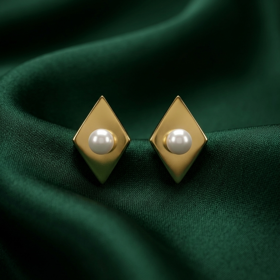 18k gold plated diamond-shaped stud earrings with a brushed matte finish and a single pearl set in the center on a green fabric background