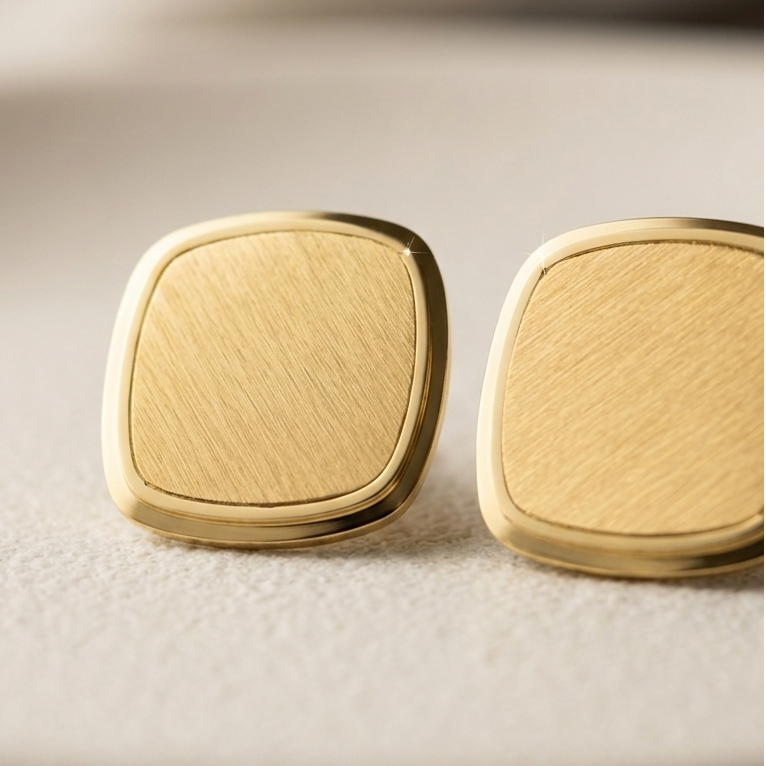 Close-up of 18kt gold plated square studs on a textured beige surface.