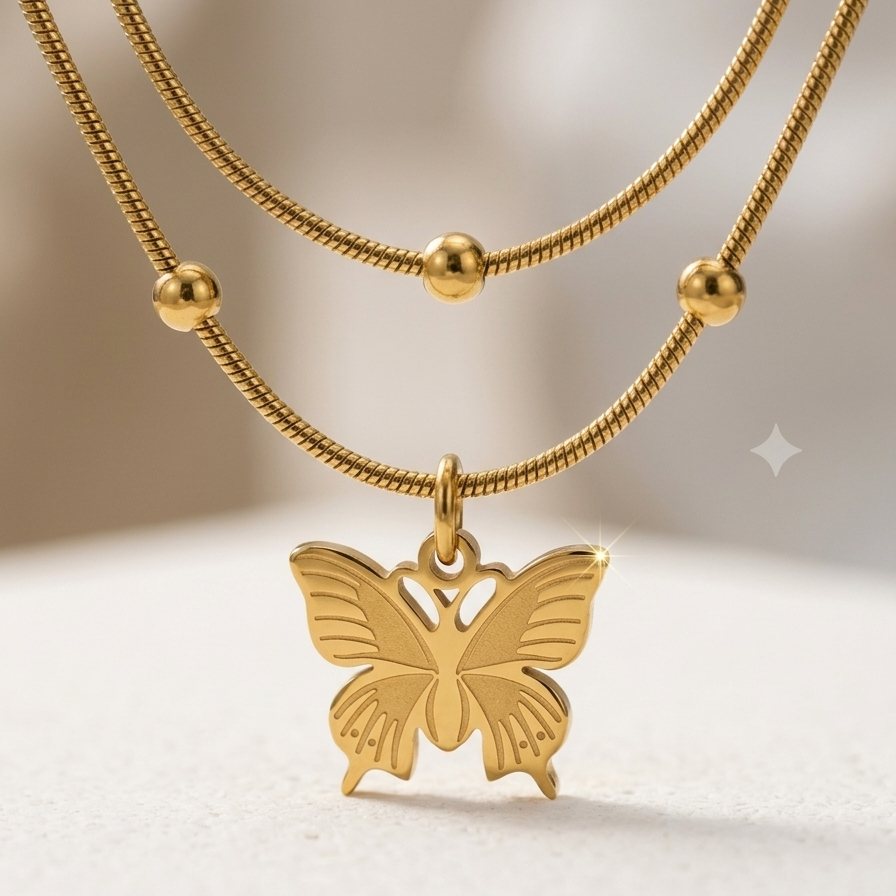 A gold-tone layered necklace featuring a butterfly pendant and small bead accents on the chains, displayed on a light textured surface.
