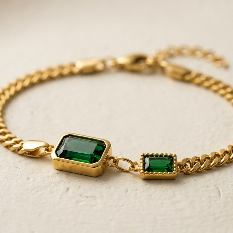 Gold bracelet with green gemstones on a light background