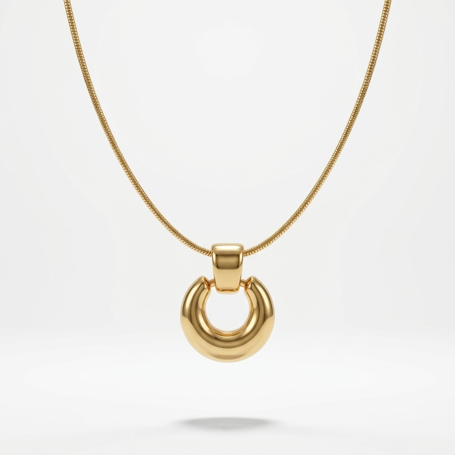 18k gold plated necklace featuring a thick, chunky donut-shaped hoop pendant suspended on a sleek snake chain.