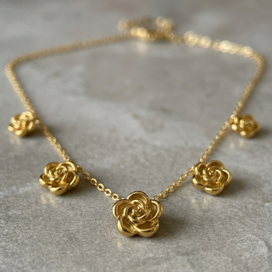 A gold rose necklace with a central rose pendant and four smaller rose charms spaced along the chain, displayed on a textured gray stone surface.