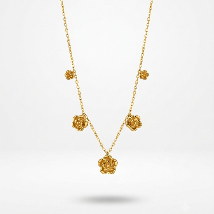 A delicate gold necklace featuring five small, textured rose-shaped charms hanging from a fine chain, displayed against a clean white background.