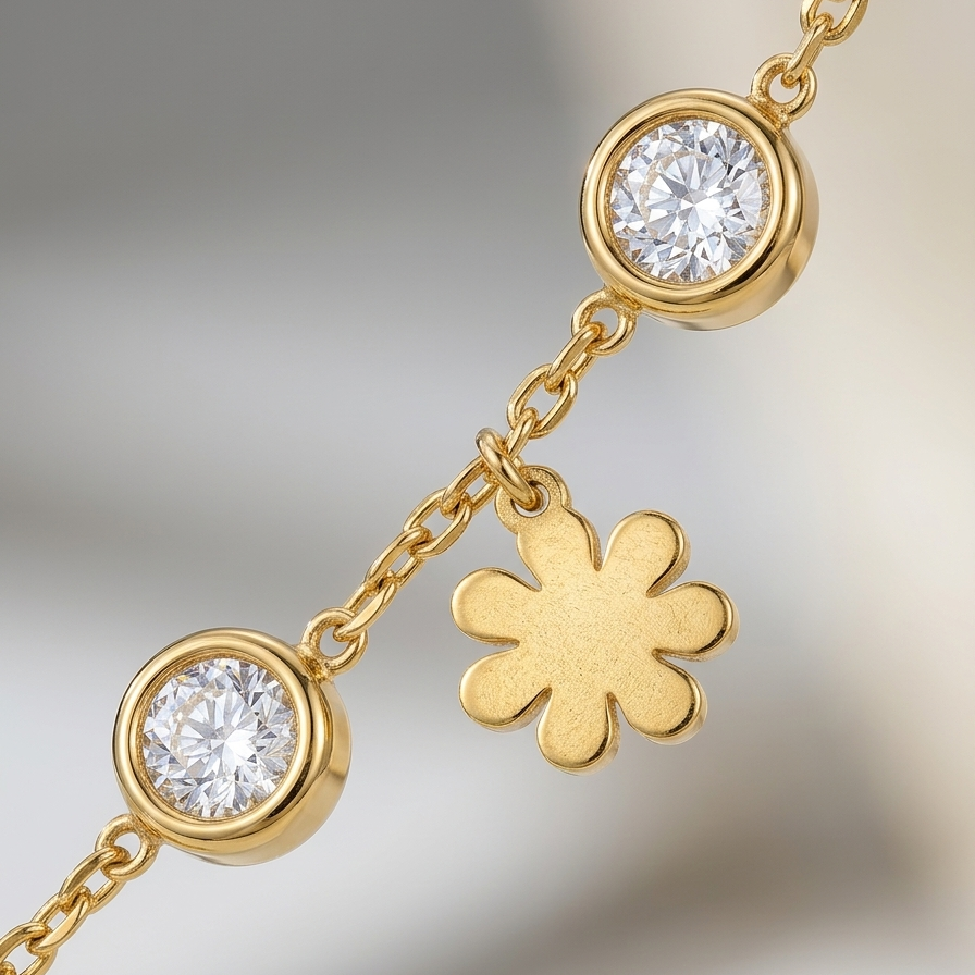 18k gold plated station necklace featuring evenly spaced minimalist daisy charms and bezel-set clear CZ crystals.