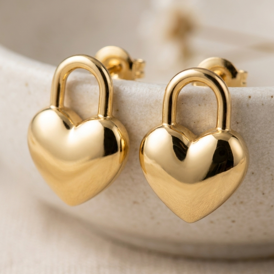 A close-up of 18kt gold plated puffy heart lock earring on a off-white surface.