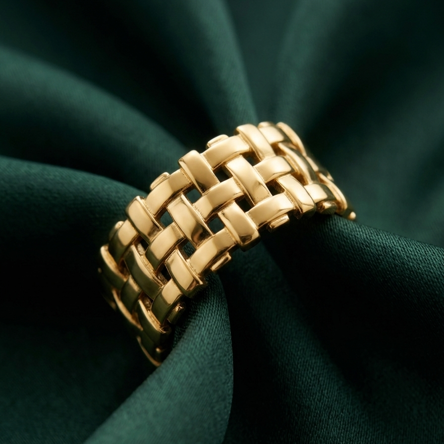 18kt gold plated woven mesh ring on a dark green fabric background