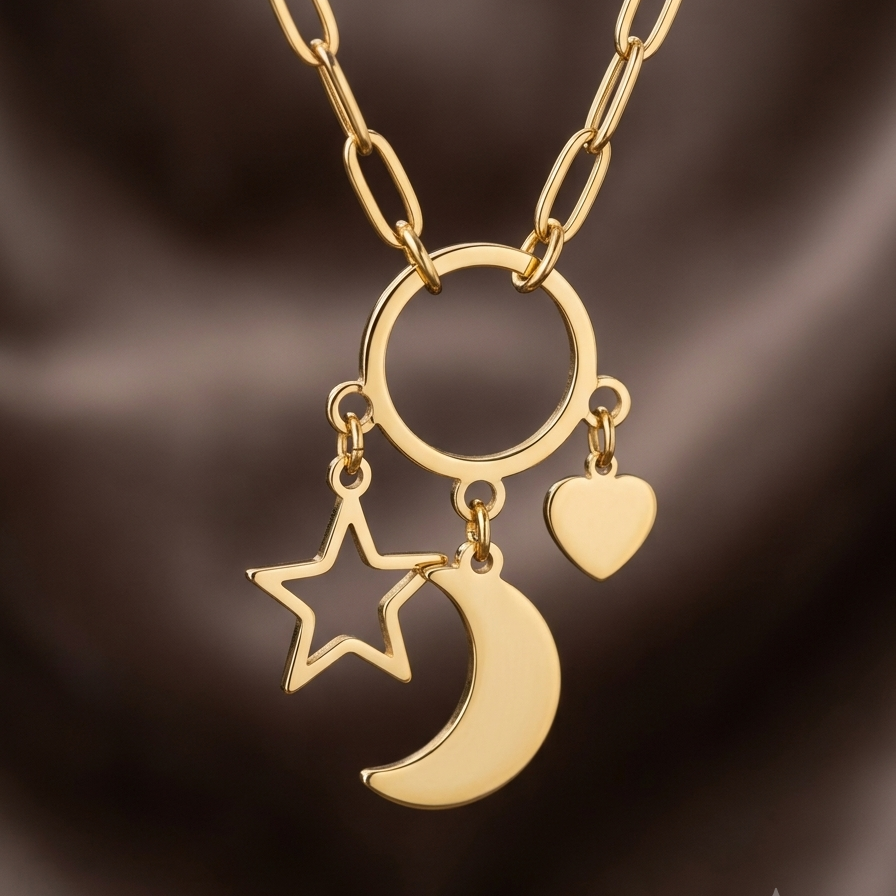 Gold-tone pendant necklace featuring a paperclip chain, a circular ring, and dangling star, crescent moon, and heart charms, shown against a dark brown satin background.