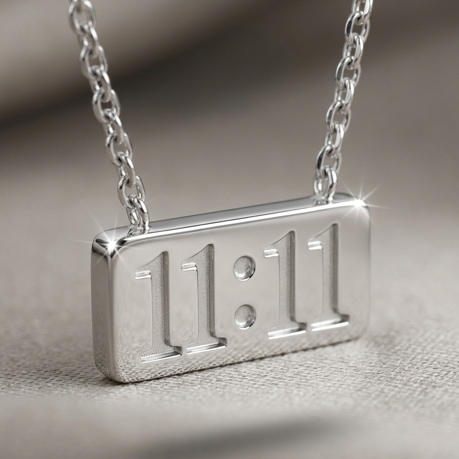 Close up of a Silver-tone rhodium plated necklace featuring a horizontal rectangular bar pendant engraved with the numbers 11:11.