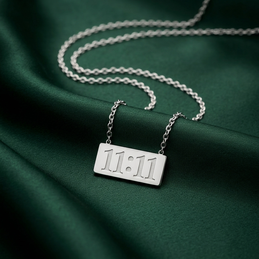 Silver-tone rhodium plated necklace featuring a horizontal rectangular bar pendant engraved with the numbers 11:11 on a green fabric background