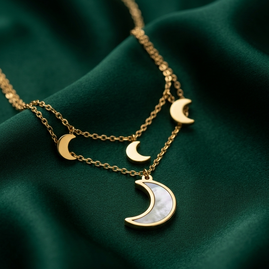 A gold-tone double-layered necklace with crescent moon pendants, including one larger moon with a white mother-of-pearl inlay, displayed on a dark green satin fabric background.