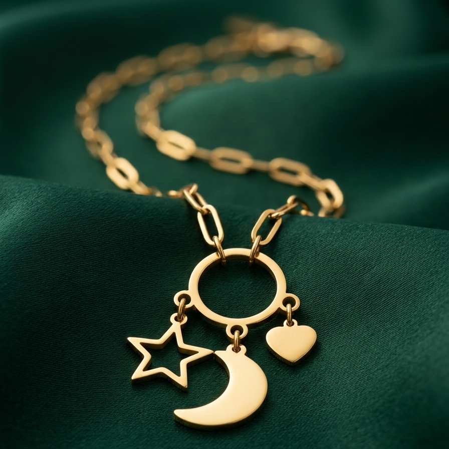 A gold-toned necklace with a chain and three dangling charms: a star, a crescent moon, and a heart, displayed on dark green satin fabric.