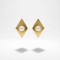 18k gold plated diamond-shaped stud earrings with a brushed matte finish and a single pearl set in the center.