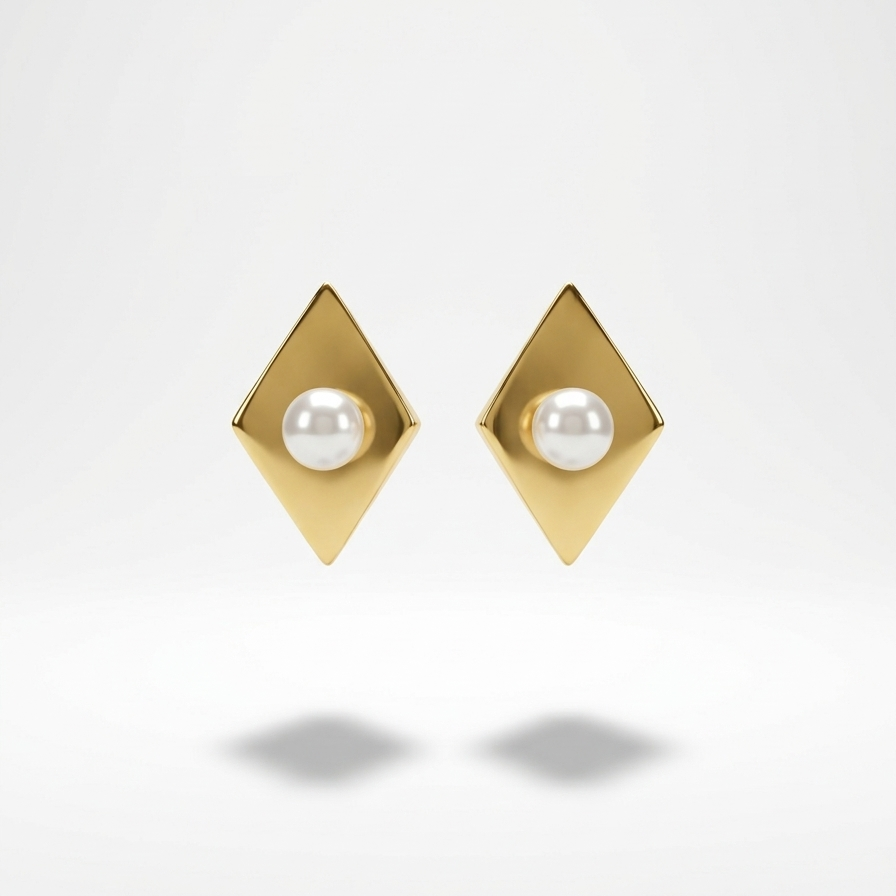 18k gold plated diamond-shaped stud earrings with a brushed matte finish and a single pearl set in the center.