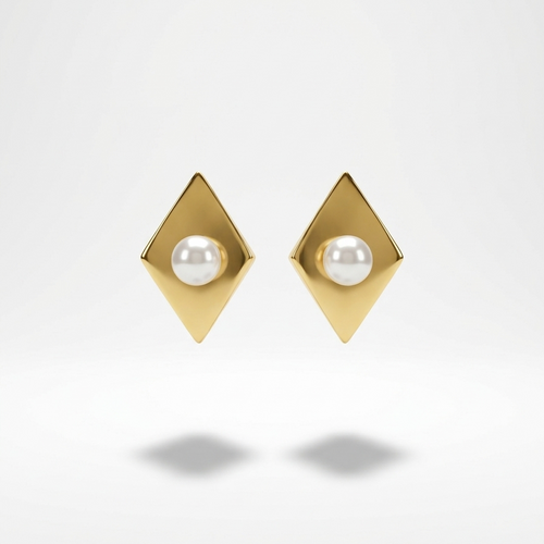 18k gold plated diamond-shaped stud earrings with a brushed matte finish and a single pearl set in the center.