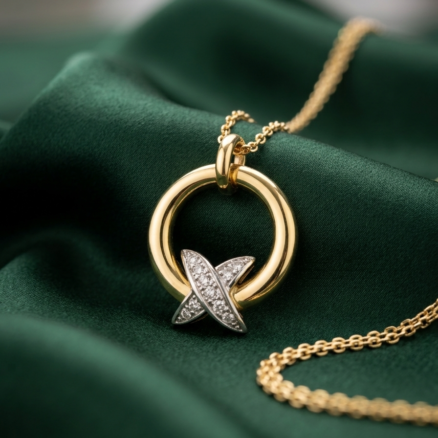 Gold pendant necklace with a circular ring and an interlocking star motif set with clear stones, displayed on dark green satin fabric.