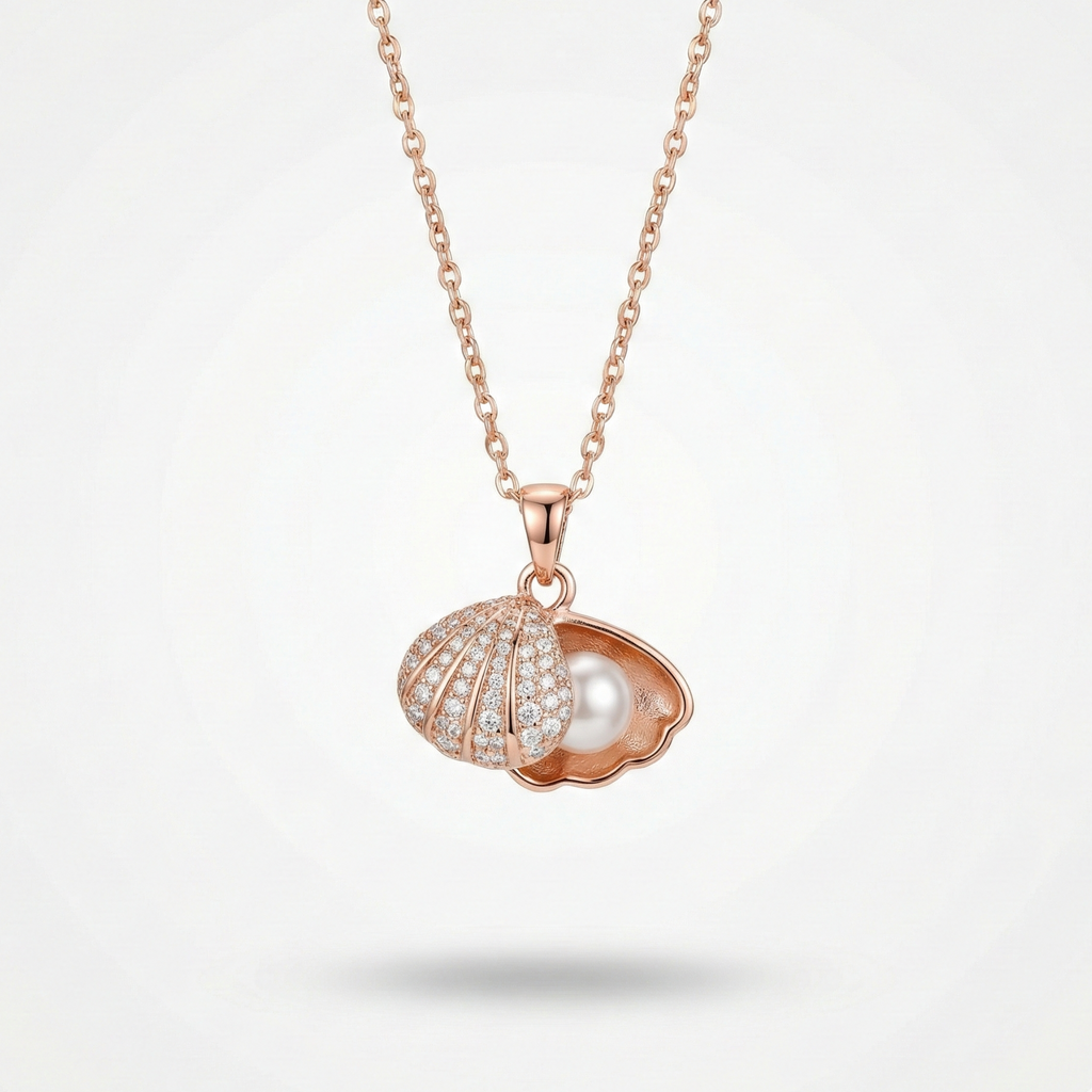 Rose gold necklace with a shell and pearl pendant on a light gray background