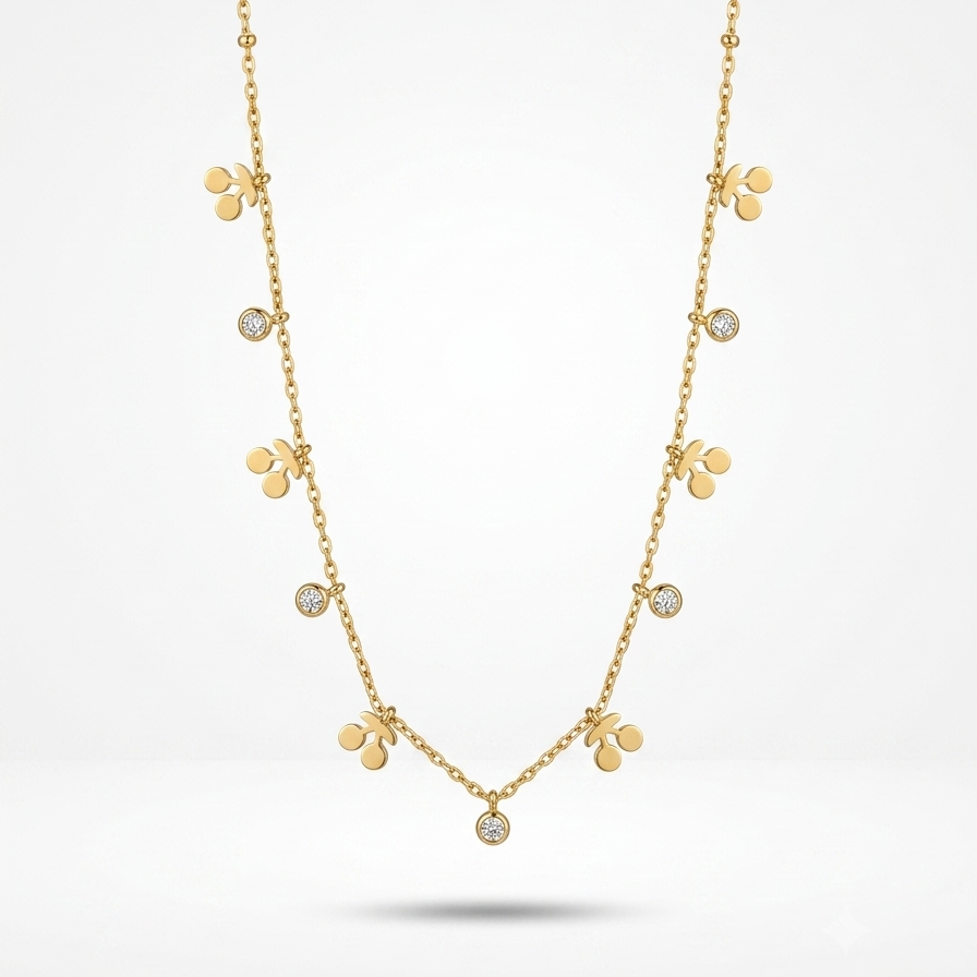 A delicate gold necklace featuring small flower motifs and a central round clear stone, displayed against a clean white background.