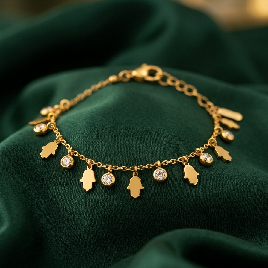 A delicate gold chain bracelet with multiple small hamsa hand charms and round clear stone accents, displayed on draped dark green satin fabric.
