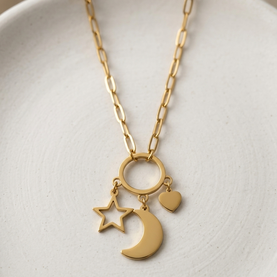 A gold-toned necklace with a paperclip chain, featuring a circular ring, a crescent moon, an open star, and a small heart pendant, displayed on a textured white ceramic dish.