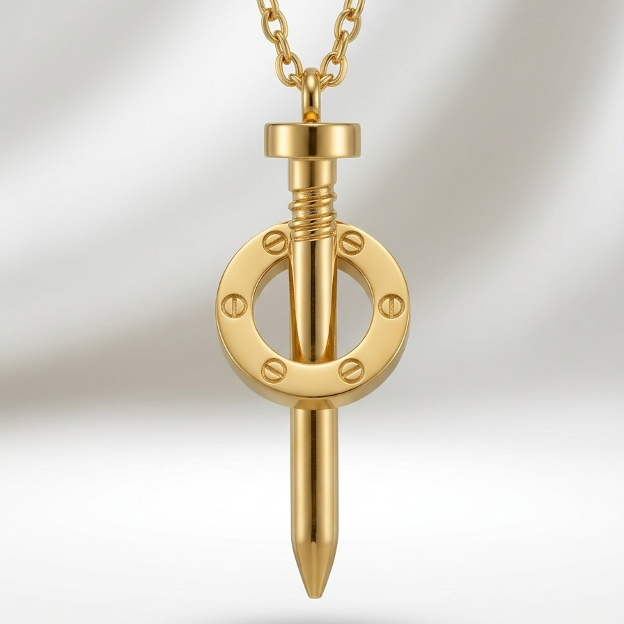 18k gold plated statement necklace featuring an industrial nail design piercing through a circular halo with screw details.