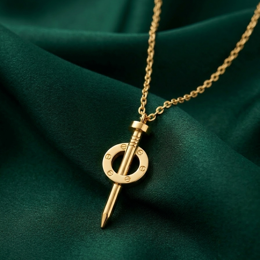 18k gold plated statement necklace featuring an industrial nail design piercing through a circular halo with screw details.