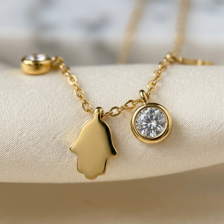Gold-tone Hamsa hand pendant necklace and matching round bezel-set stone necklace displayed on a cream fabric surface.