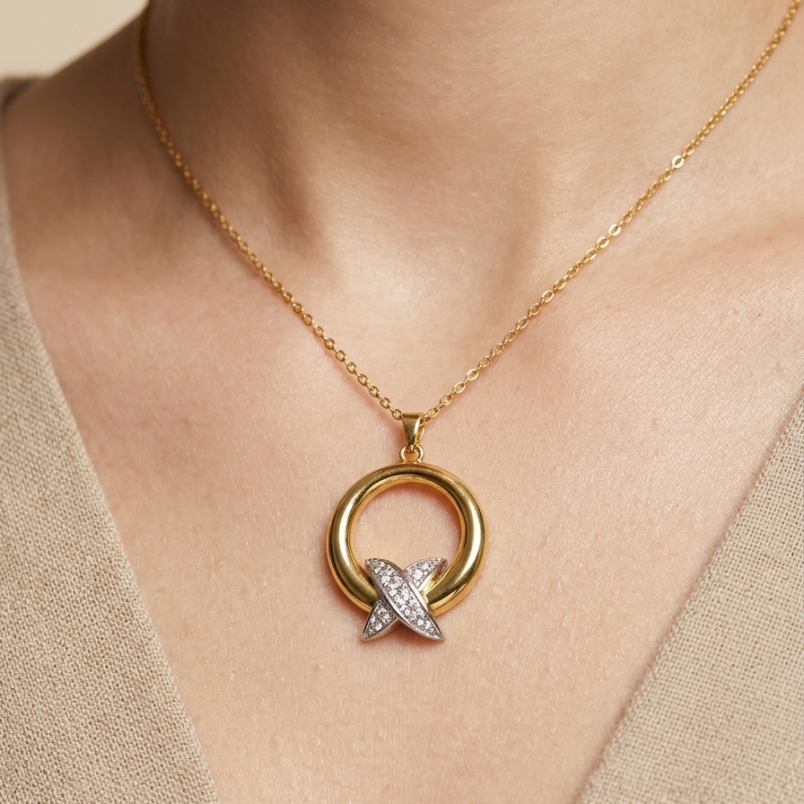A gold necklace with a circular pendant and a silver-toned cross detail set with small clear stones, shown worn on a model's neck.