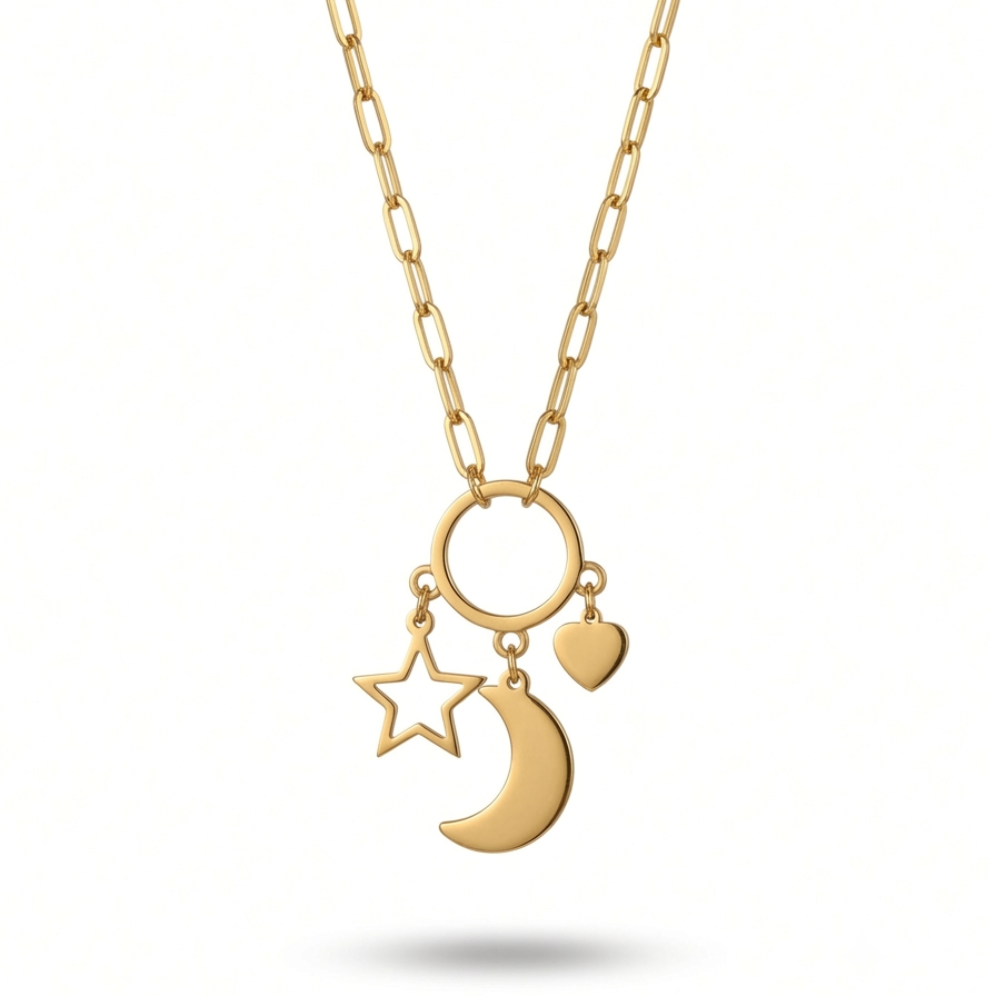 A gold chain necklace featuring a circular ring pendant with dangling star, crescent moon, and heart charms, shown on a clean white background.