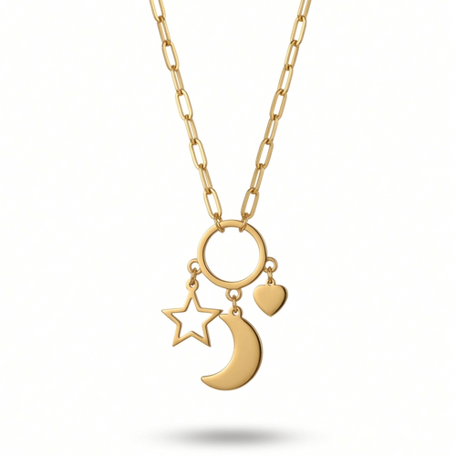 A gold chain necklace featuring a circular ring pendant with dangling star, crescent moon, and heart charms, shown on a clean white background.