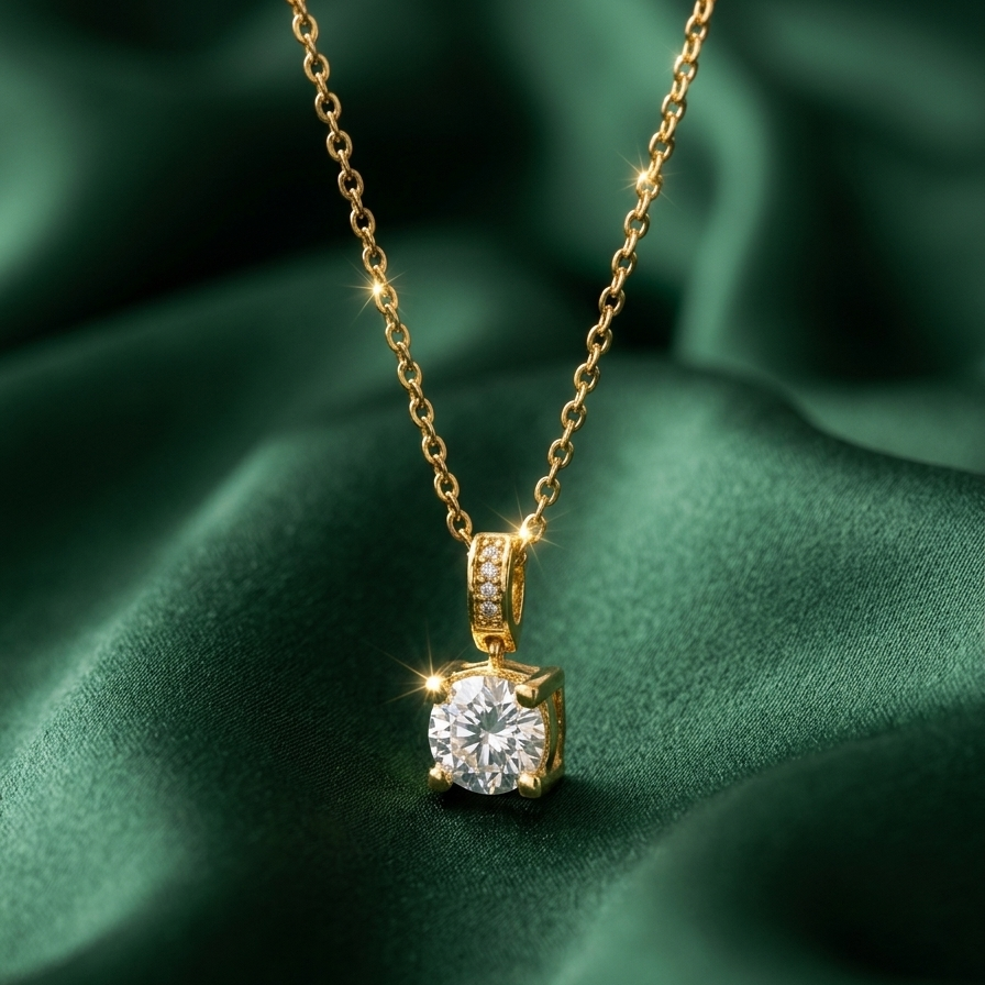 A gold pendant necklace with a round brilliant-cut clear gemstone in a four-prong setting, resting on draped dark green satin fabric.
