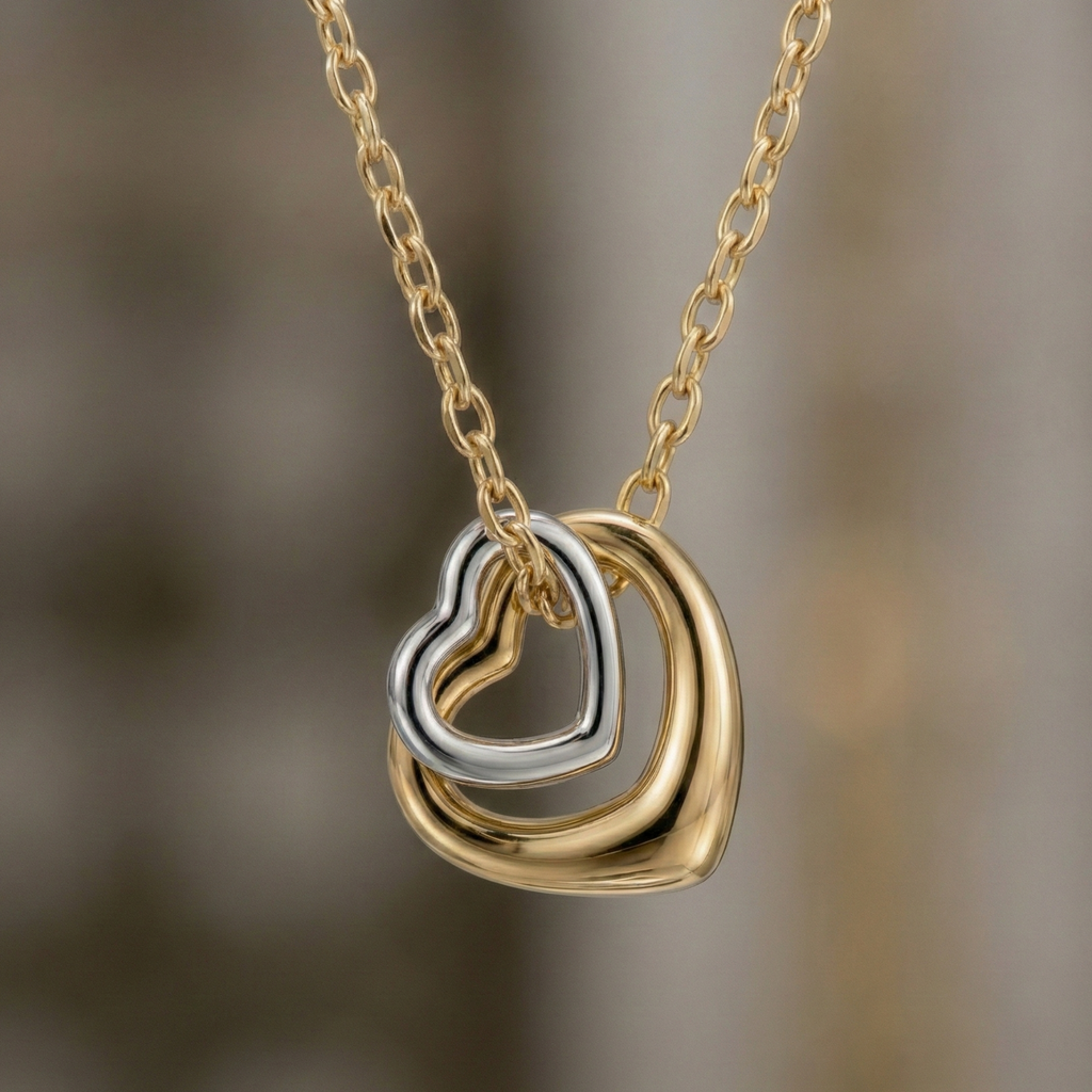 Gold and silver heart-shaped pendant necklace on a blurred background