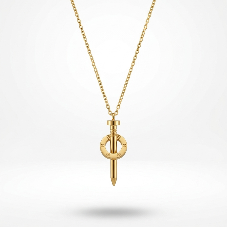 18k gold plated statement necklace featuring an industrial nail design piercing through a circular halo with screw details.
