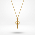 18k gold plated statement necklace featuring an industrial nail design piercing through a circular halo with screw details.