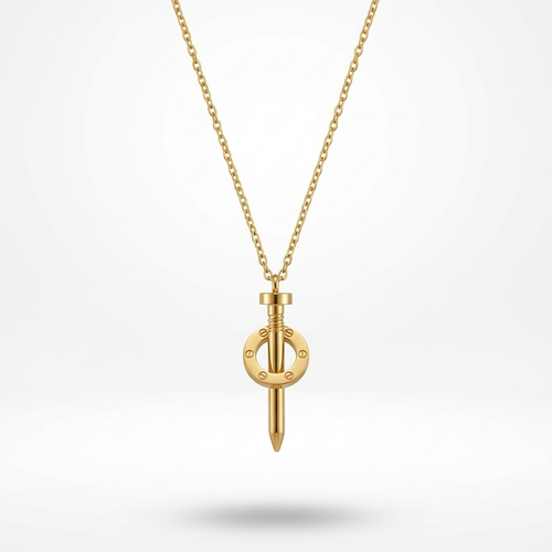 18k gold plated statement necklace featuring an industrial nail design piercing through a circular halo with screw details.
