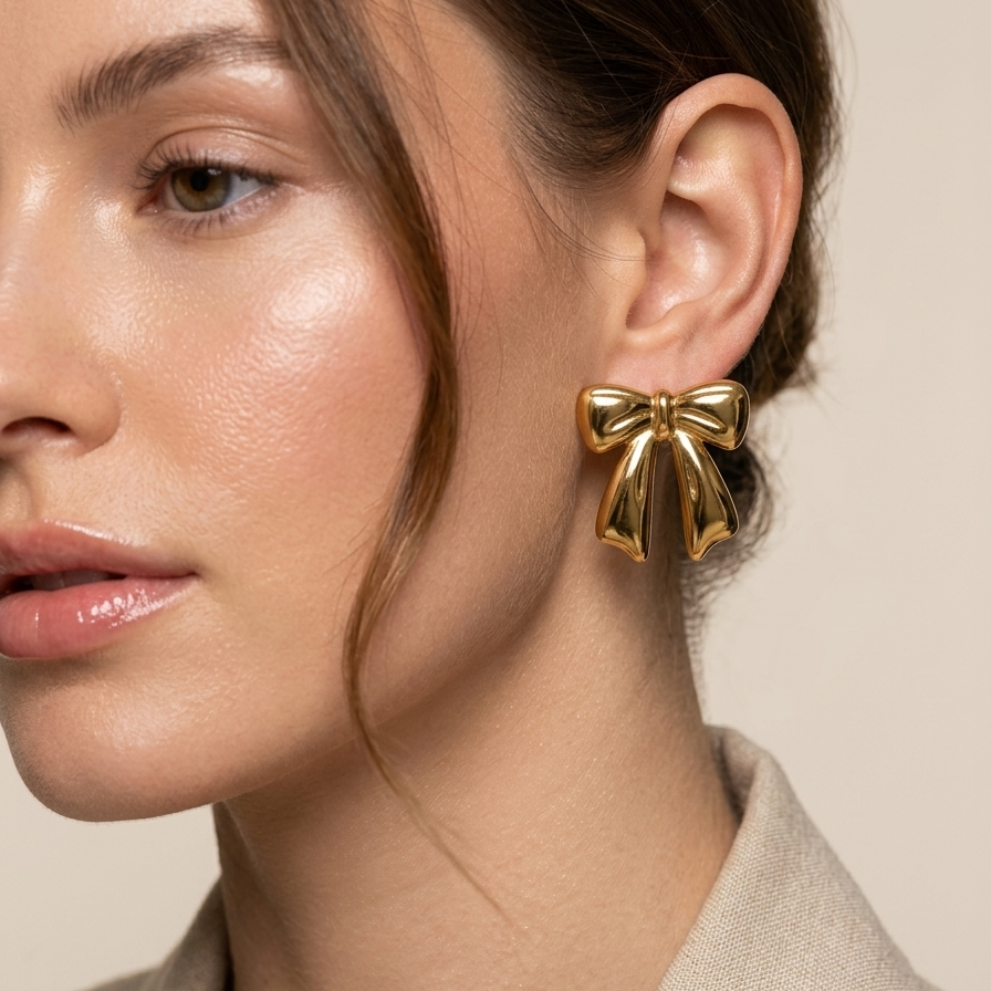 Close-up of a woman wearing 18kt gold plated bow-shaped earrings against a neutral background.