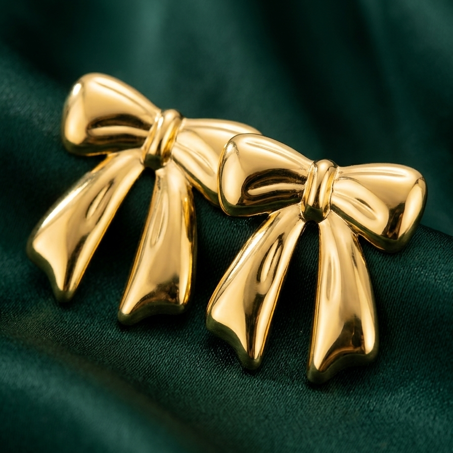 18kt gold plated bow-shaped earrings on a green fabric background.