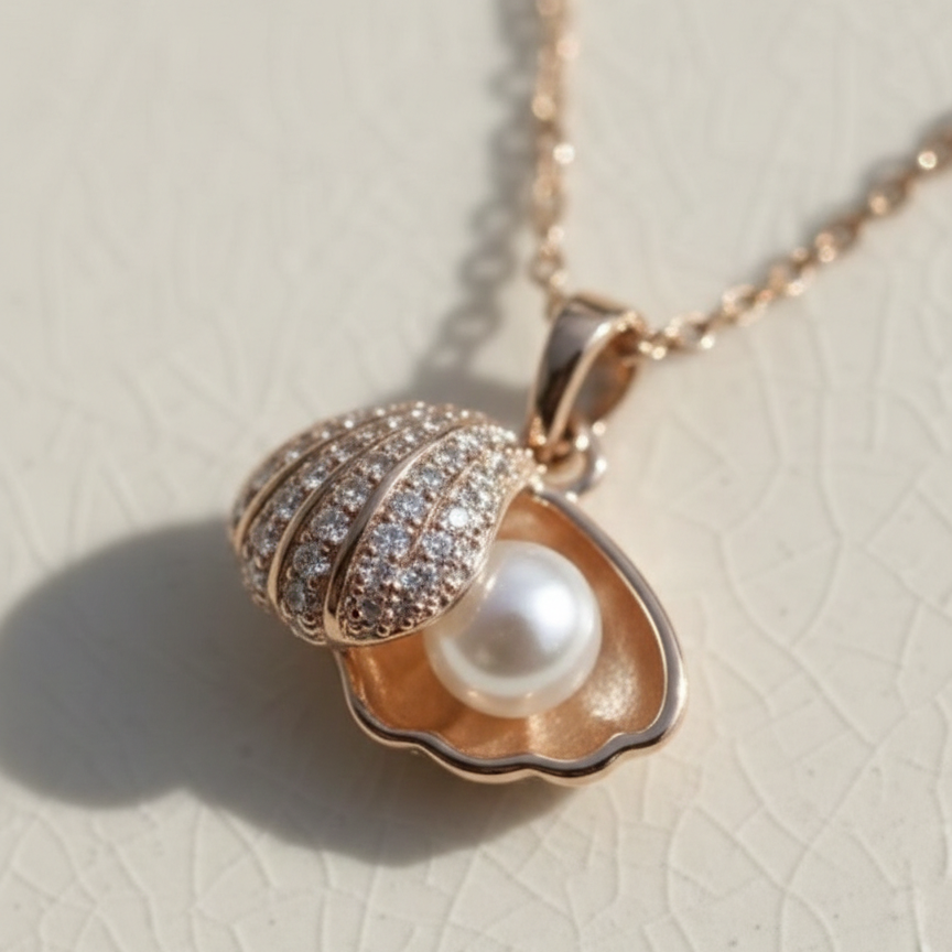 Pearl necklace with a shell pendant on a light background
