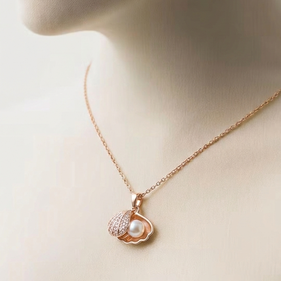 Rose gold necklace with a heart-shaped pendant featuring a pearl on a mannequin.