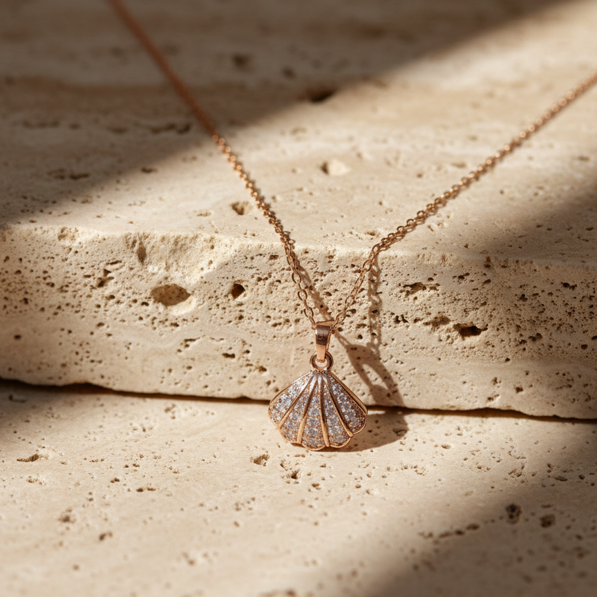 Gold necklace with a shell pendant on a textured stone surface