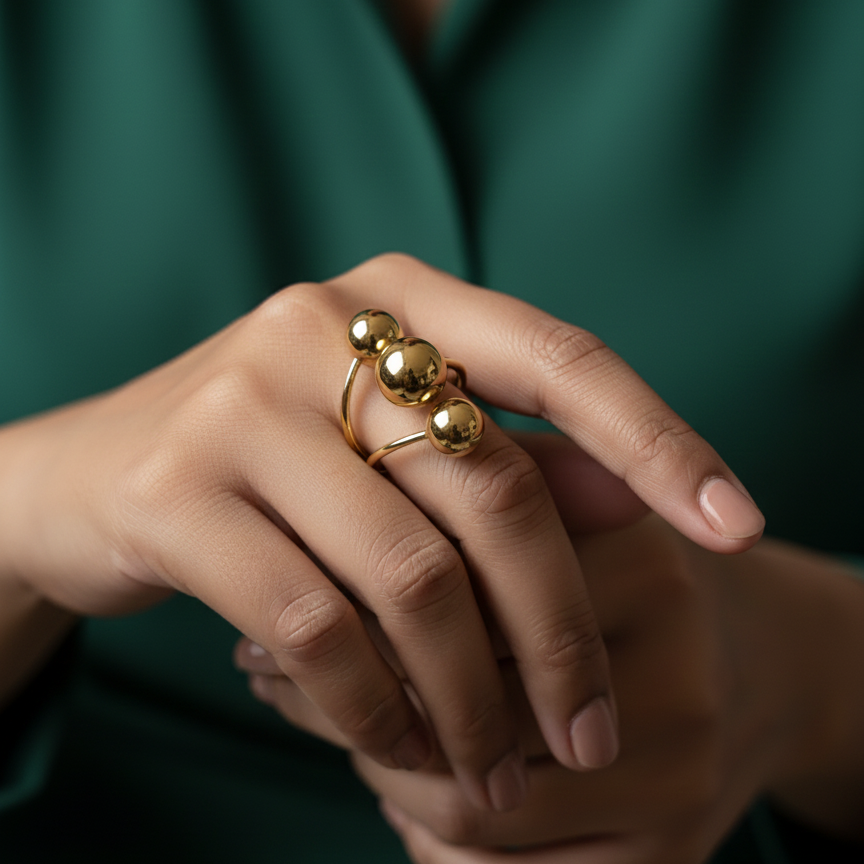 Gold ring with three polished metal balls in orbit design on white background.